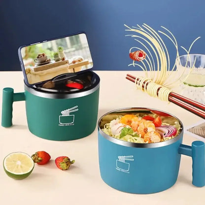 1000mL Stainless Steel Instant Noodle Bowl with Lid Portable, Sealed, & Drain Bowl Function - Blue