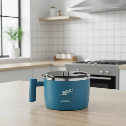 1000mL Stainless Steel Instant Noodle Bowl with Lid Portable, Sealed, & Drain Bowl Function - Blue