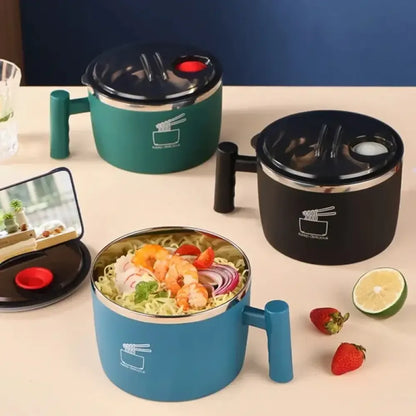 1000mL Stainless Steel Instant Noodle Bowl with Lid Portable, Sealed, & Drain Bowl Function - Blue