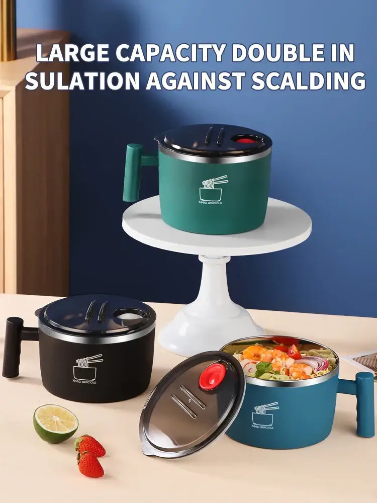 1000mL Stainless Steel Instant Noodle Bowl with Lid Portable, Sealed, & Drain Bowl Function