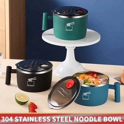 1000mL Stainless Steel Instant Noodle Bowl with Lid Portable, Sealed, & Drain Bowl Function - Blue