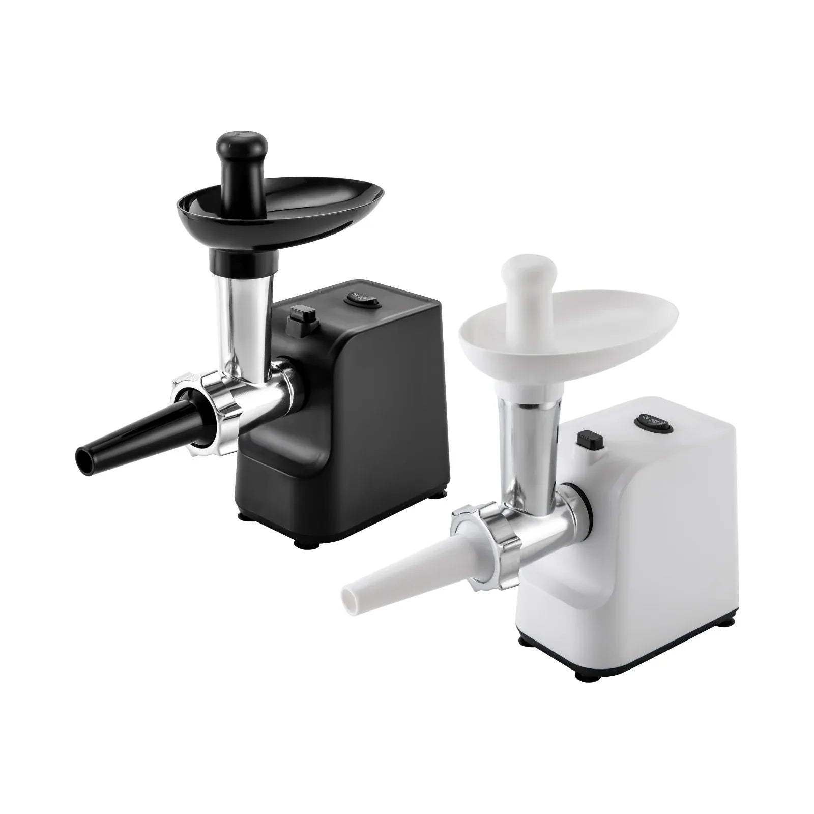 White and black 1000W electric meat grinder with interchangeable stainless steel cutting plates