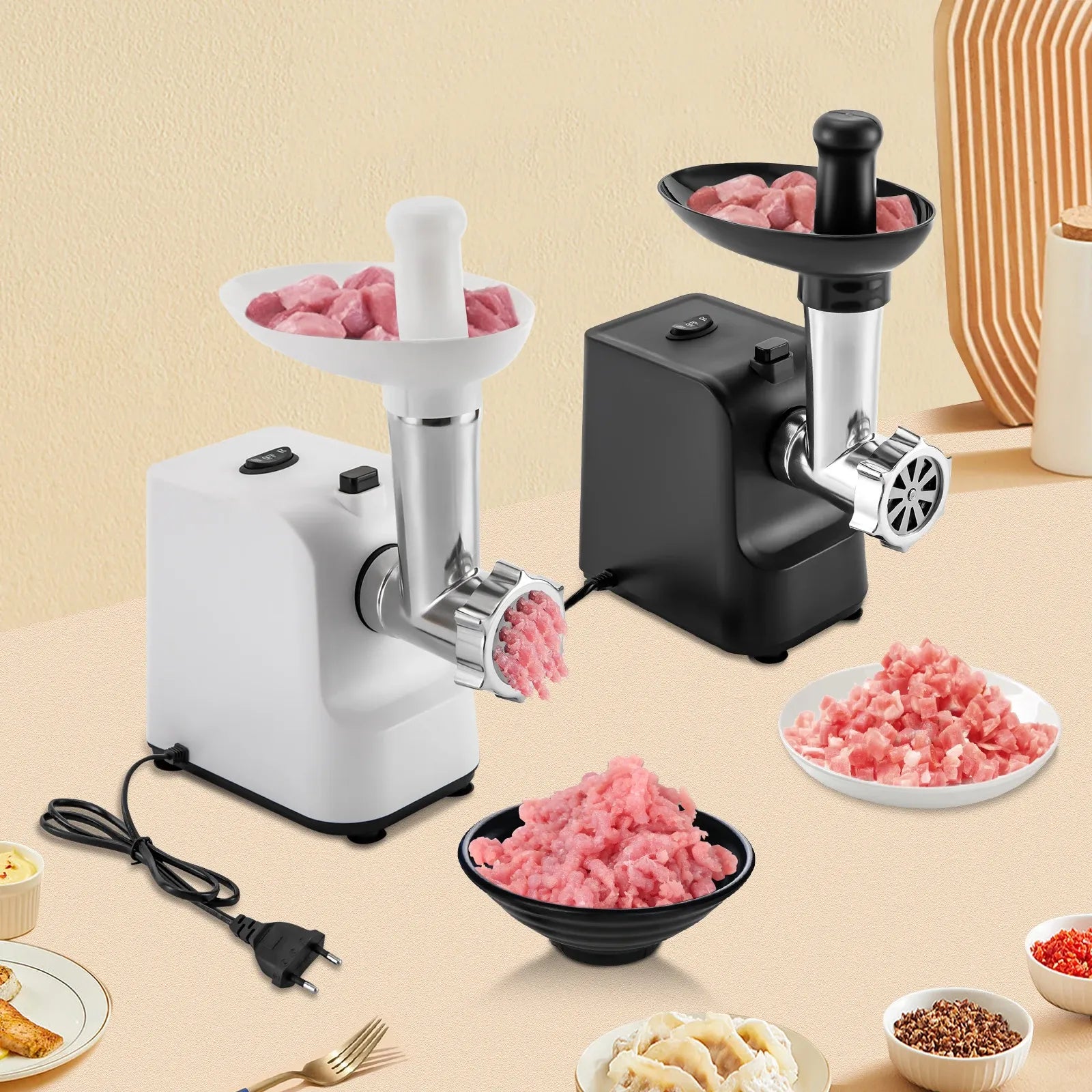 Compact 1000W electric meat grinder with interchangeable stainless steel cutting plates