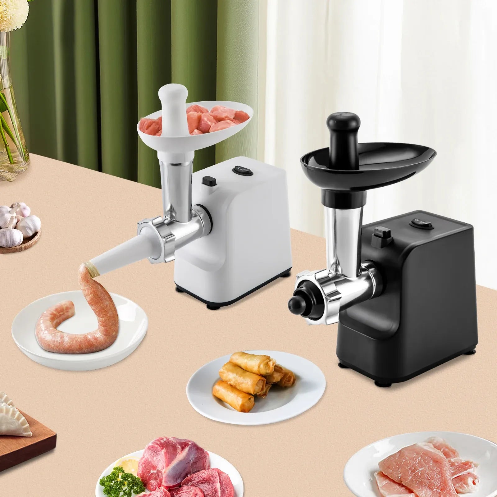 Compact 1000W electric meat grinder with interchangeable stainless steel cutting plates
