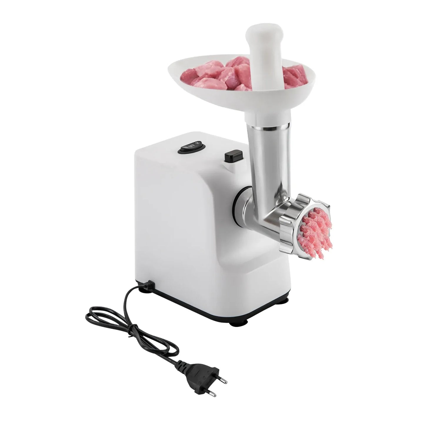 White 1000W electric meat grinder with pink chamber, stainless steel cutting plates