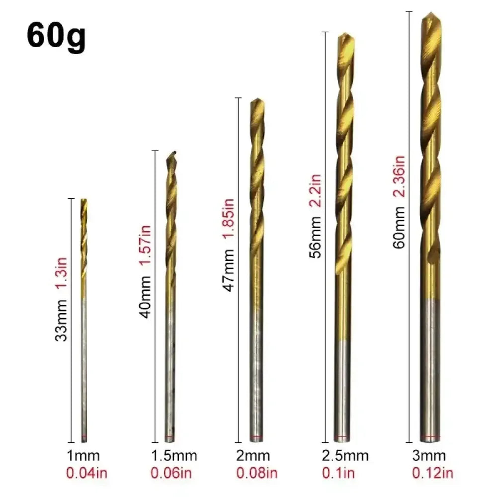 Titanium plated twist drill bit set in natural color, 1-3mm HSS