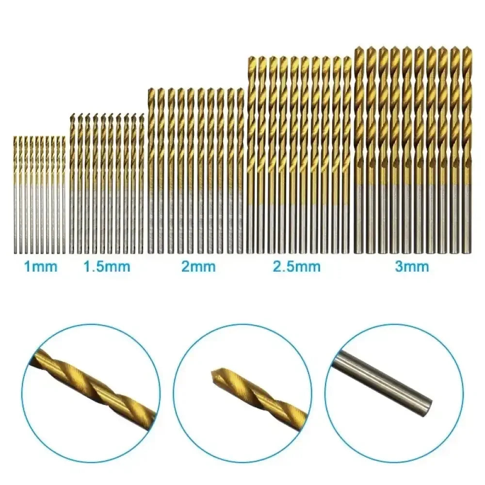Titanium plated twist drill bit set in natural color, 1-3mm HSS
