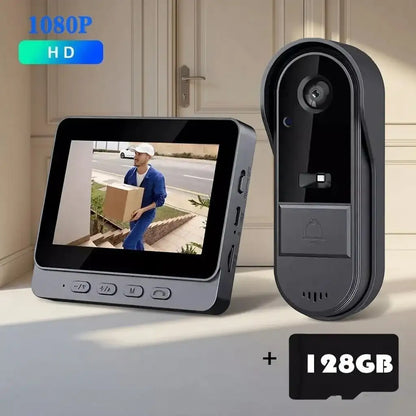 Smart doorbell with screen displaying a person with a box, 1080P HD label, and 128GB storage capacity.