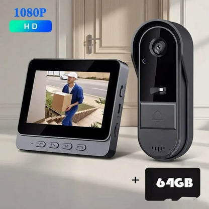Video doorbell system with screen displaying a person with a box, and 64GB microSD card on a light background.