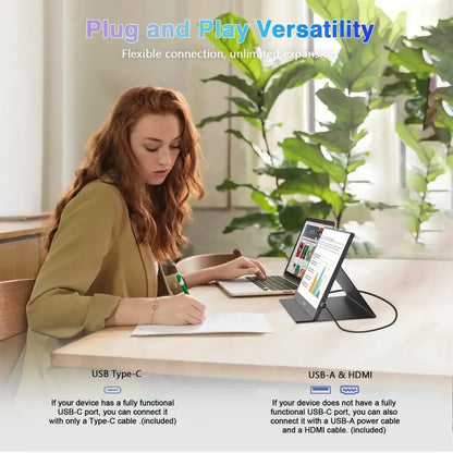 Sleek black 1080p portable monitor with convertible laptop kickstand
