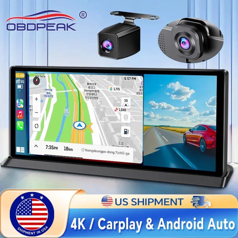 10.5-inch 4K dual lens dash cam with wireless CarPlay and rearview camera