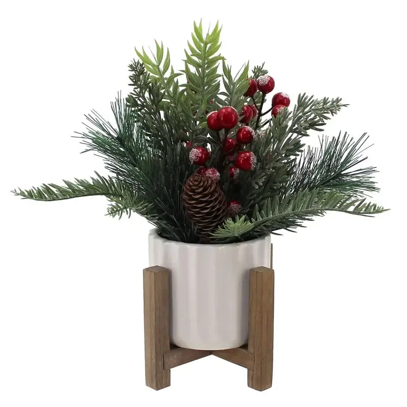 11" Artificial Christmas Tabletop Tree | Red Berries & Pine in White Ceramic