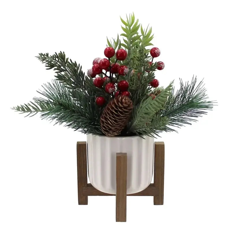 11" Artificial Christmas Tabletop Tree | Red Berries & Pine in White Ceramic