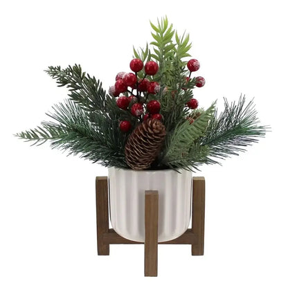 11" Artificial Christmas Tabletop Tree | Red Berries & Pine in White Ceramic