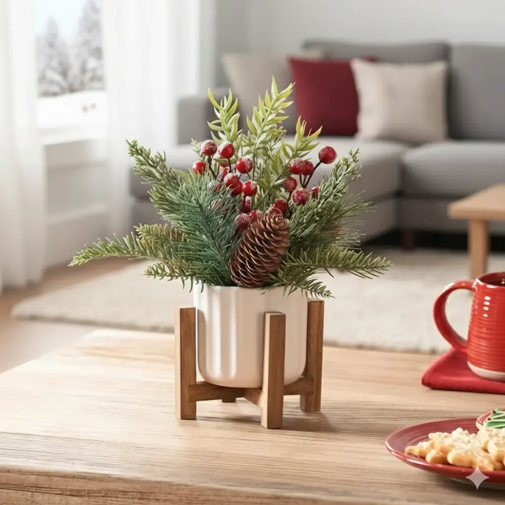 11" Artificial Christmas Tabletop Tree | Red Berries & Pine in White Ceramic