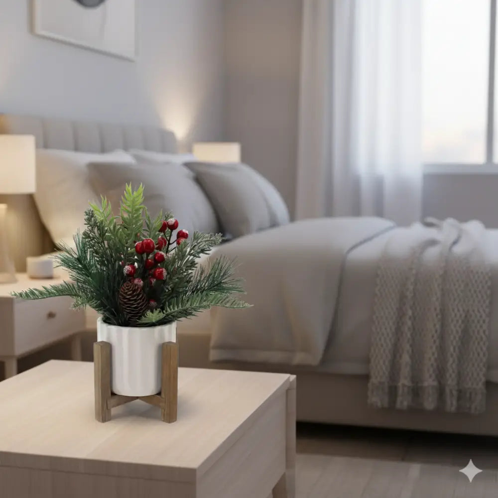 11" Artificial Christmas Tabletop Tree | Red Berries & Pine in White Ceramic