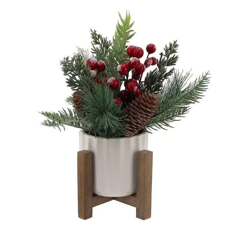 11" Artificial Christmas Tabletop Tree | Red Berries & Pine in White Ceramic