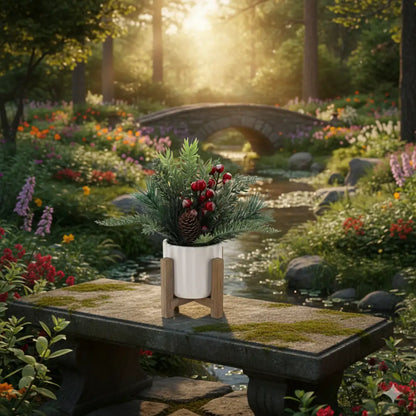 11" Artificial Christmas Tabletop Tree | Red Berries & Pine in White Ceramic