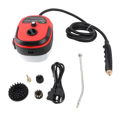 Red and black 110V 1500W handheld steam cleaner with brush heads, hose, nozzles