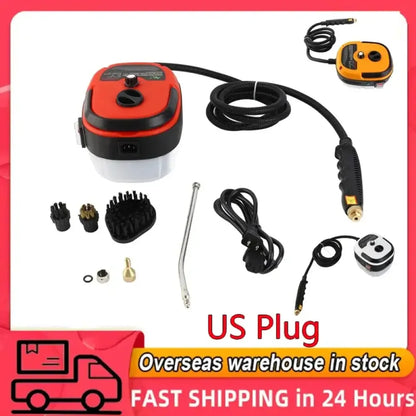 Red and black handheld steam cleaner with 3 brush heads, US plug, hose, and attachments