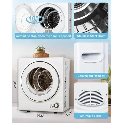 White 110V portable clothes dryer with stainless steel drum and handles