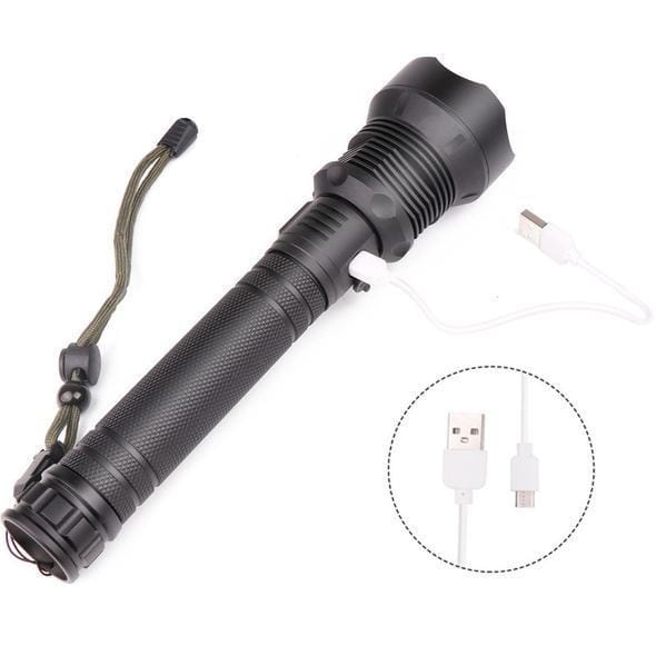 Black 120000 lumen flashlight with textured grip, USB cable, CREE XHP70 turbo mode