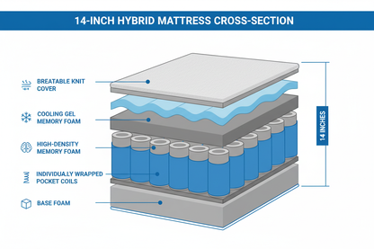 Cross-section layer diagram of 14-inch hybrid mattress showing breathable knit cover, cooling gel foam, memory foam, pocket coils, and base foam