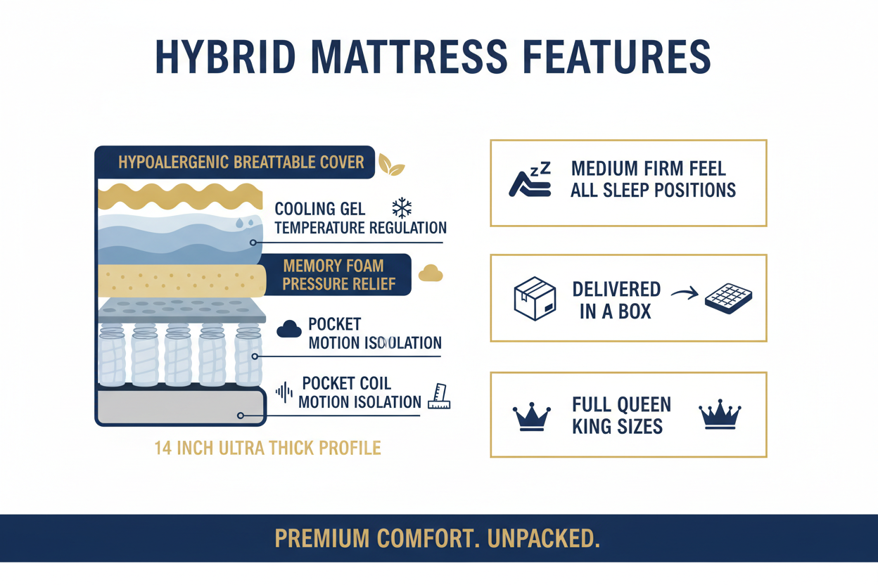 Infographic showing hybrid mattress features: 14 inch profile, memory foam, pocket coils, cooling gel, hypoallergenic cover, medium firm, Full Queen King sizes