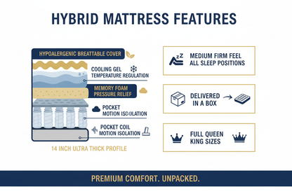 Infographic showing hybrid mattress features: 14 inch profile, memory foam, pocket coils, cooling gel, hypoallergenic cover, medium firm, Full Queen King sizes