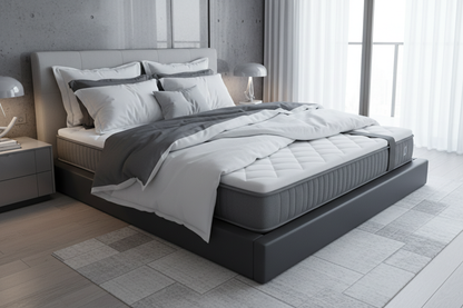14-inch ultra thick hybrid mattress on a bed frame in a luxurious modern bedroom showing white and grey color options and plush knit cover