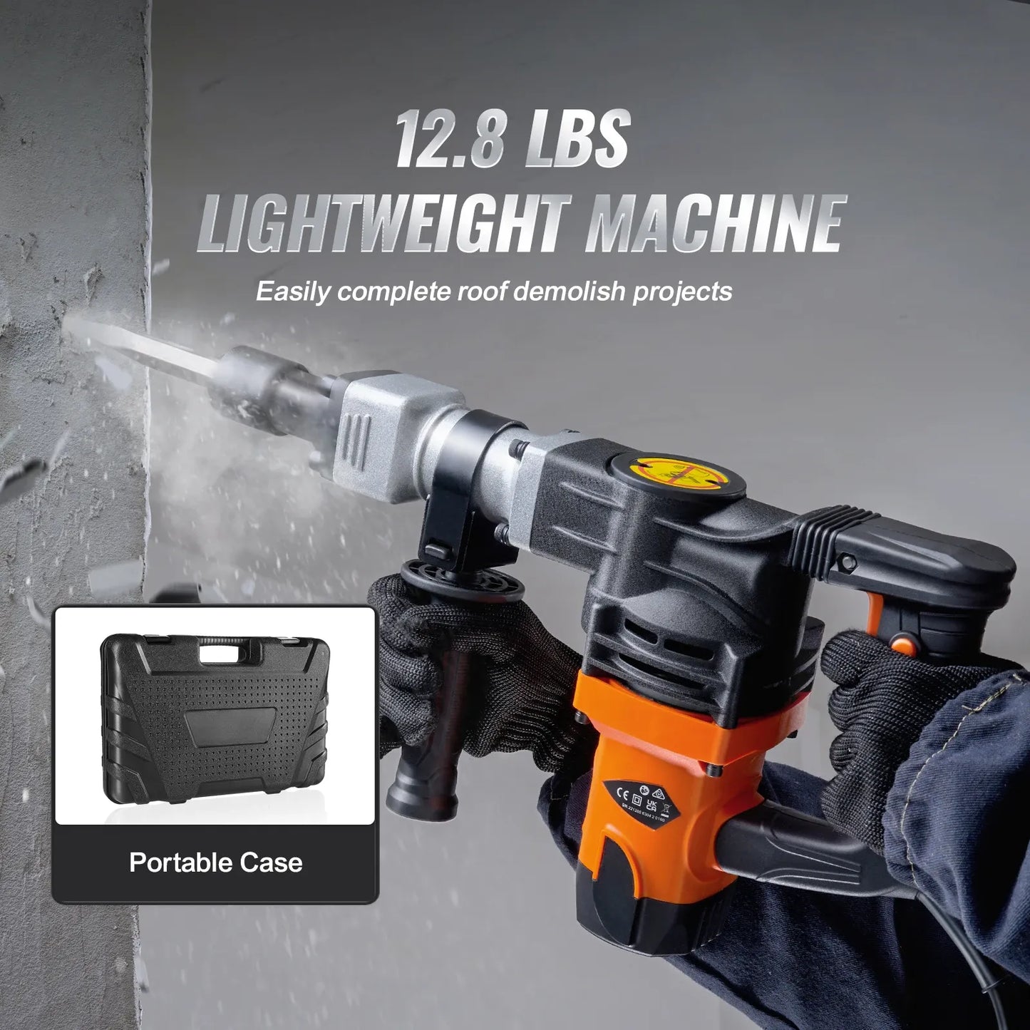 Lightweight 12.8 lbs 1400W demolition jack hammer with orange black body ergonomic handles and case