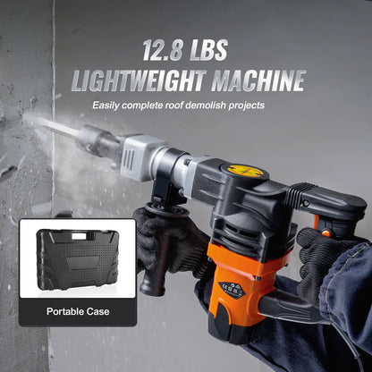 Lightweight 12.8 lbs 1400W demolition jack hammer with orange black body ergonomic handles and case