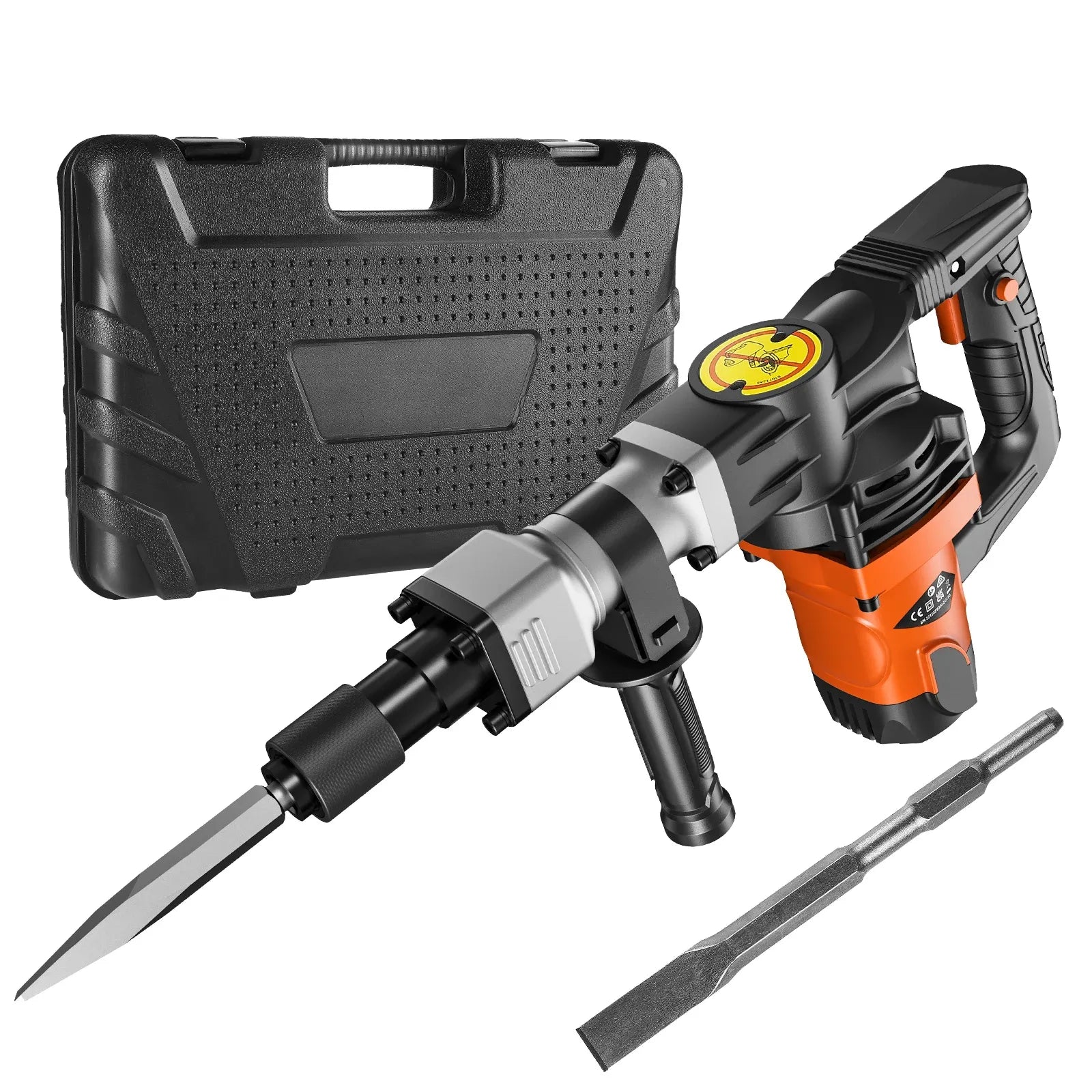 Black and orange 1400W demolition jack hammer with chisel in case