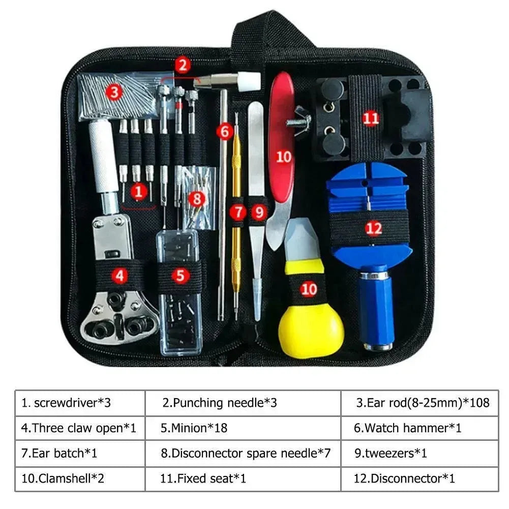 147pcs watch repair tool kit with storage bag, tools and accessories