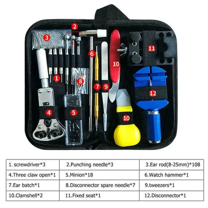 147pcs watch repair tool kit with storage bag, tools and accessories