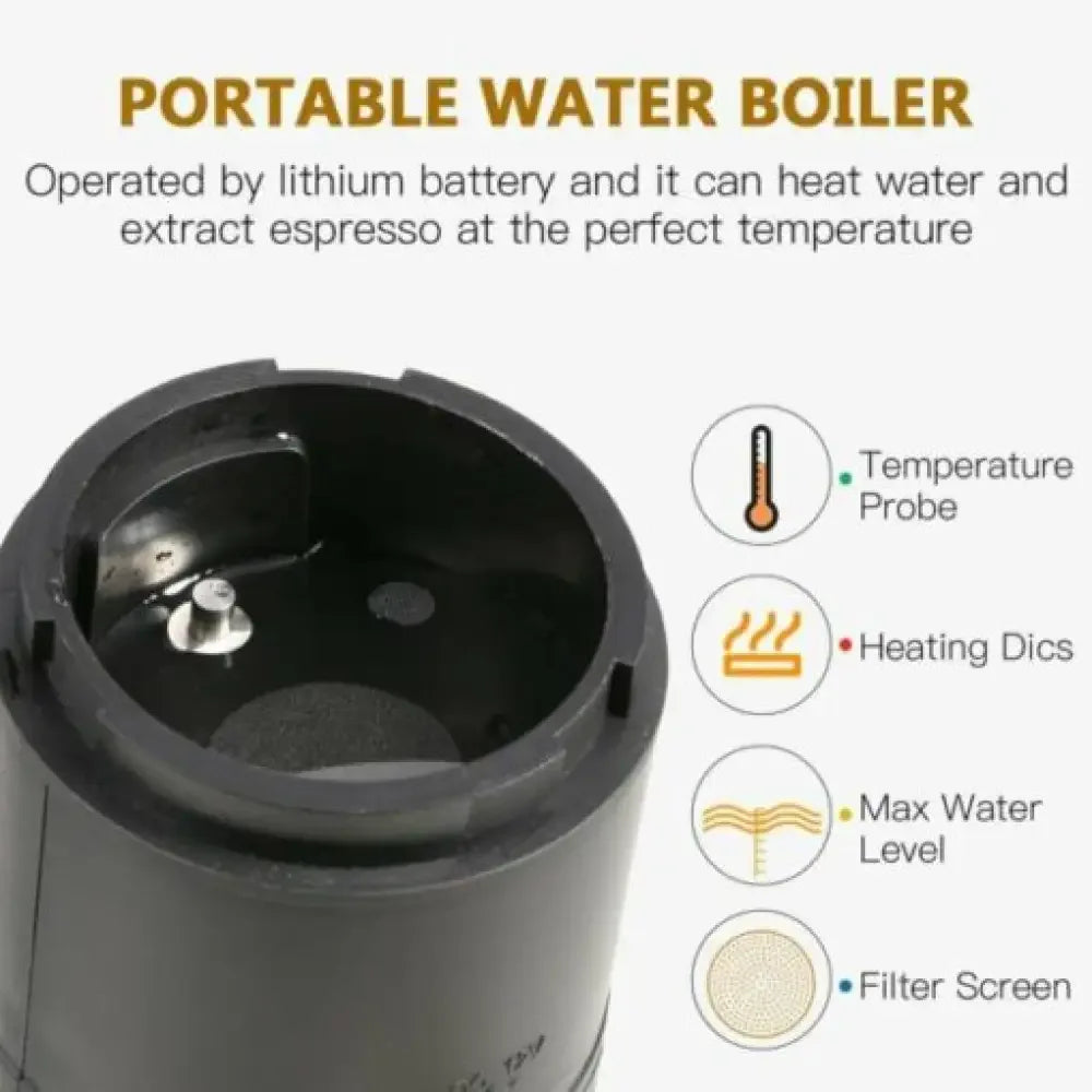 Portable espresso coffee machine with black cylindrical boiler