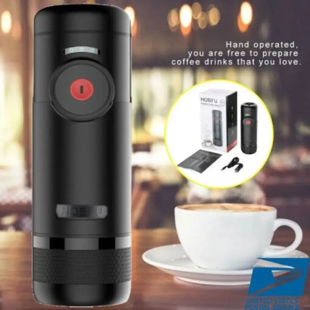 Black manual coffee grinder with red button for portable espresso machine