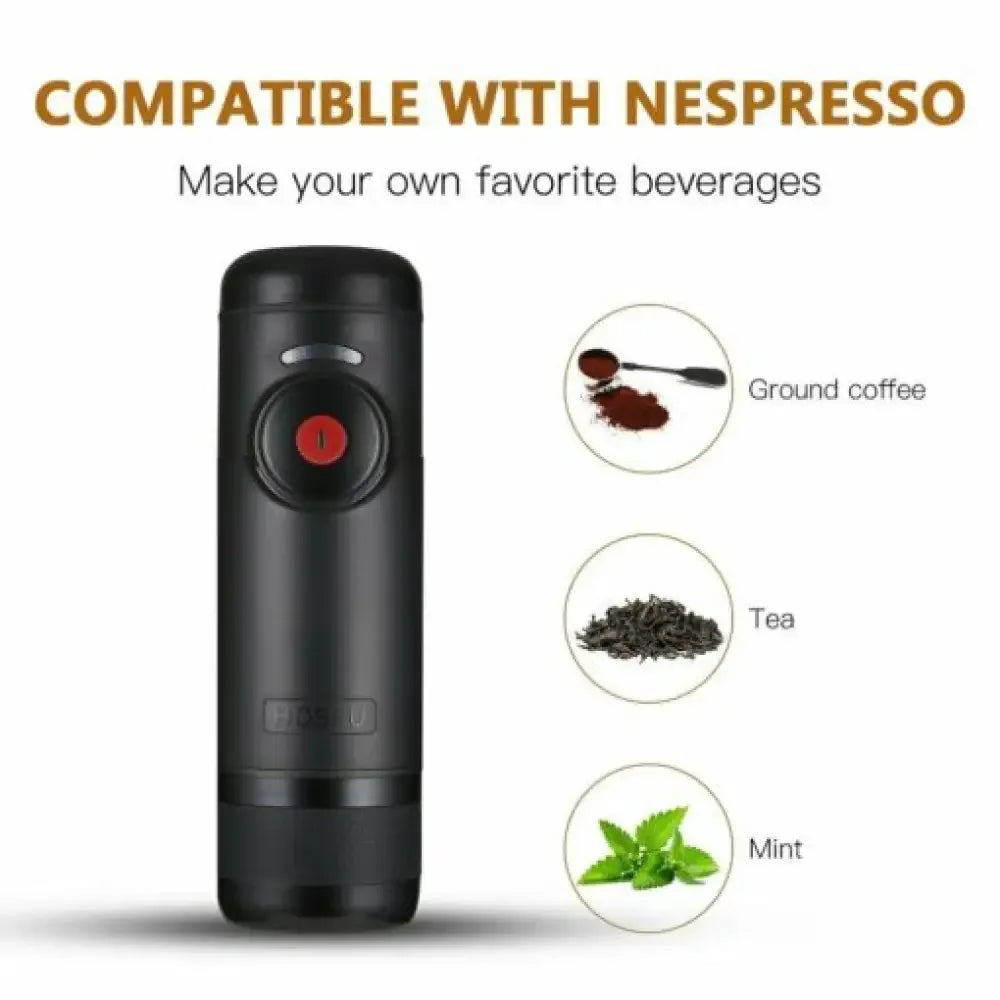 Black Nespresso-compatible portable espresso coffee machine with red button