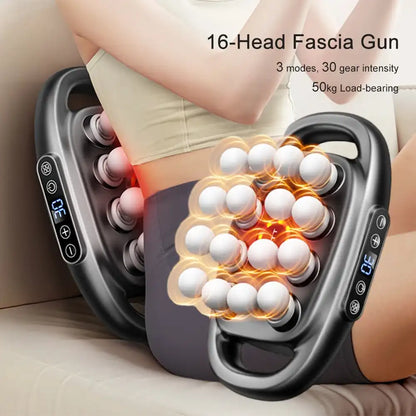 16-Head Fascia Gun being used on a person's leg with text detailing features.