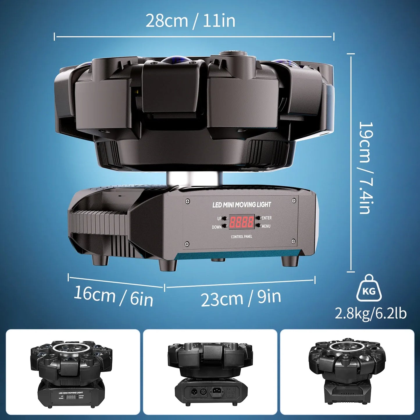 180W RGBW moving head stage light with black LED, lenses, and display