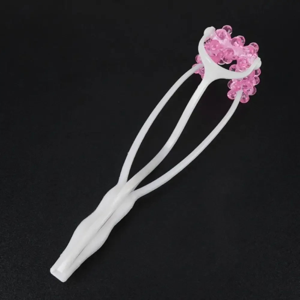 White plastic 2-in-1 face roller with pink beads for burn fat and collagen production