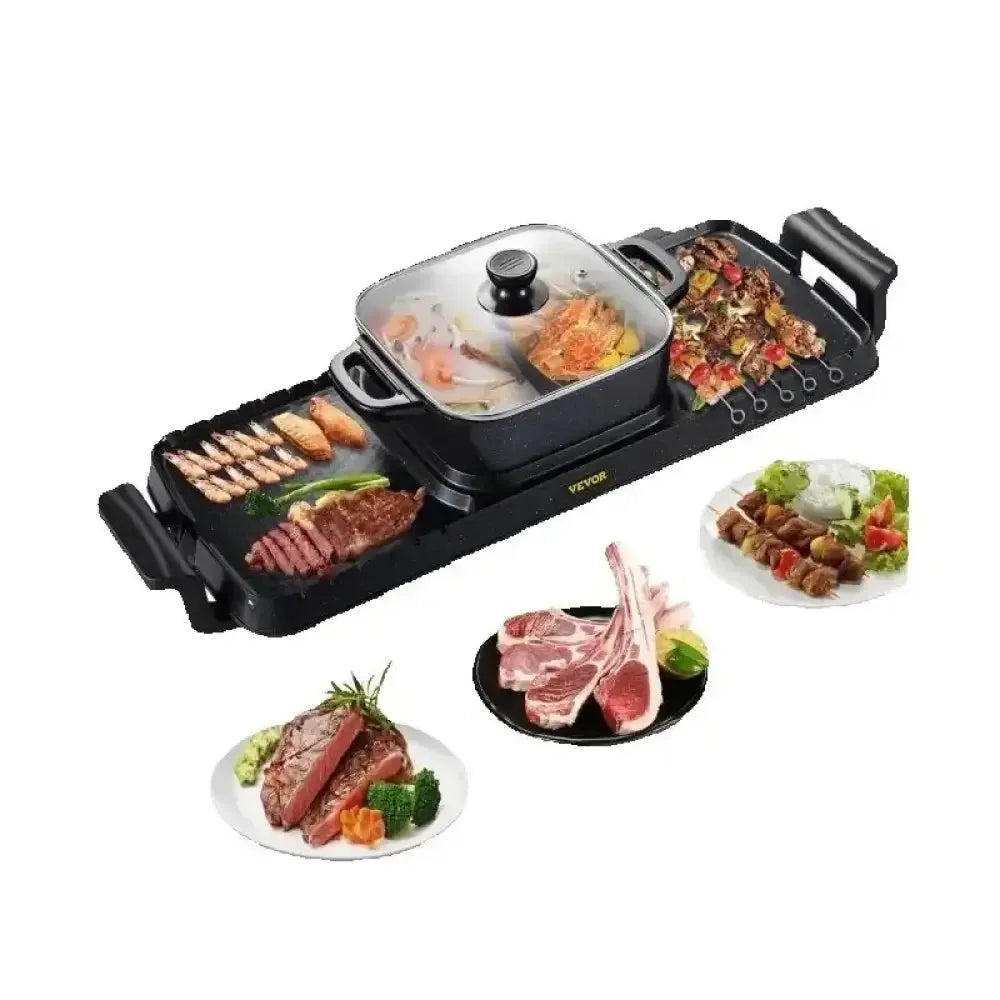 Black 2-in-1 electric BBQ pan grill with hot pot for smokeless cooking