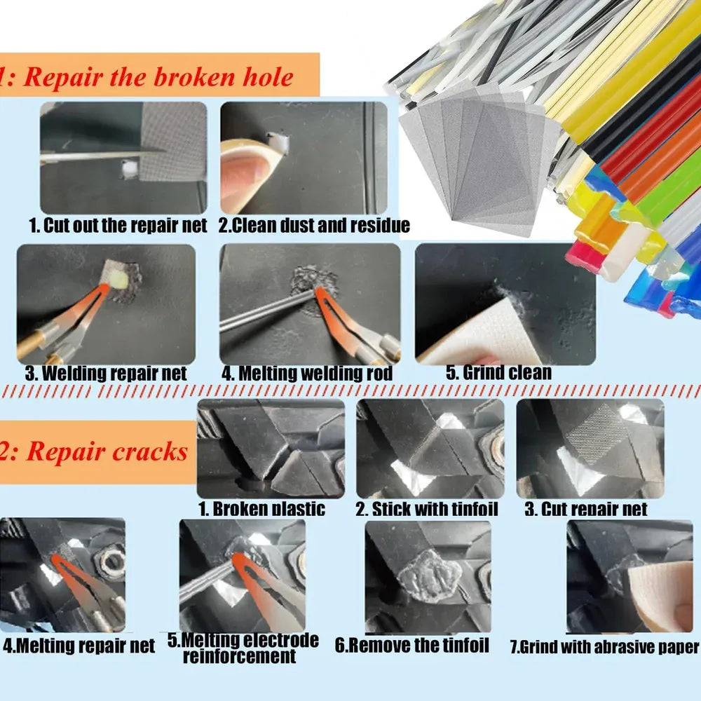 2-in-1 plastic welder repair kit with silver mesh, black handles, yellow tape