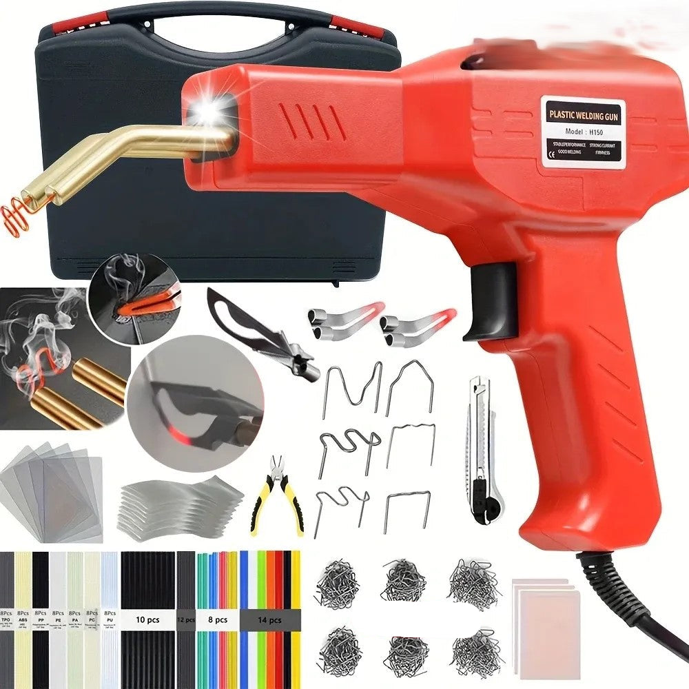 Red 2-in-1 plastic welder gun in repair kit with black handle