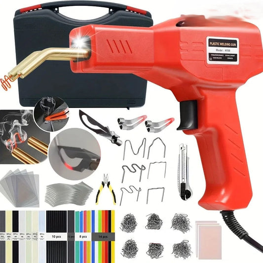 Red 2-in-1 plastic welder gun in repair kit with black handle