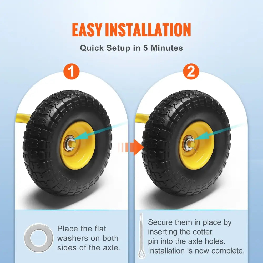 2-Pack 10’’ Yellow Black Solid PU Run-Flat Tire Wheel for Hand Trucks