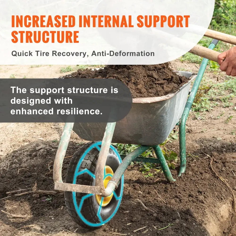 Green metal wheelbarrow with 10’’ blue PU run-flat tires for hand trucks