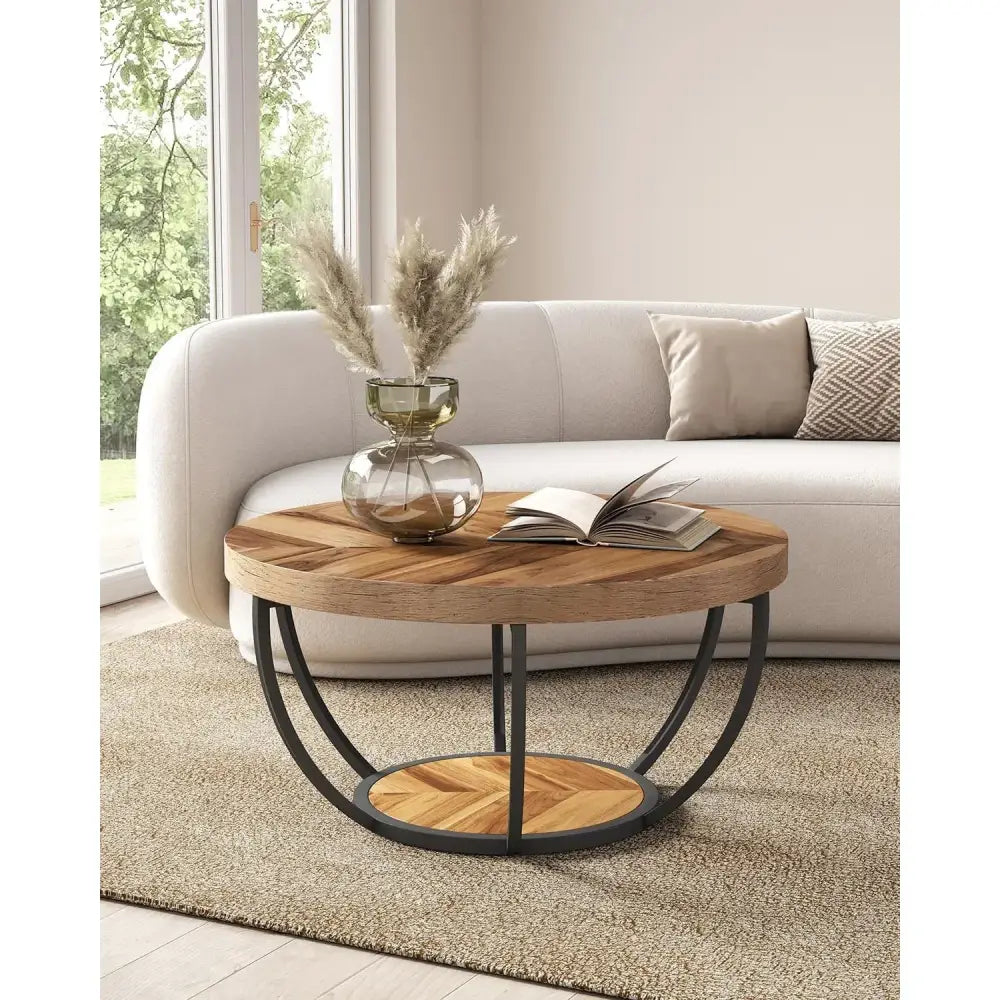Modern accent coffee table with round wooden top and metal legs