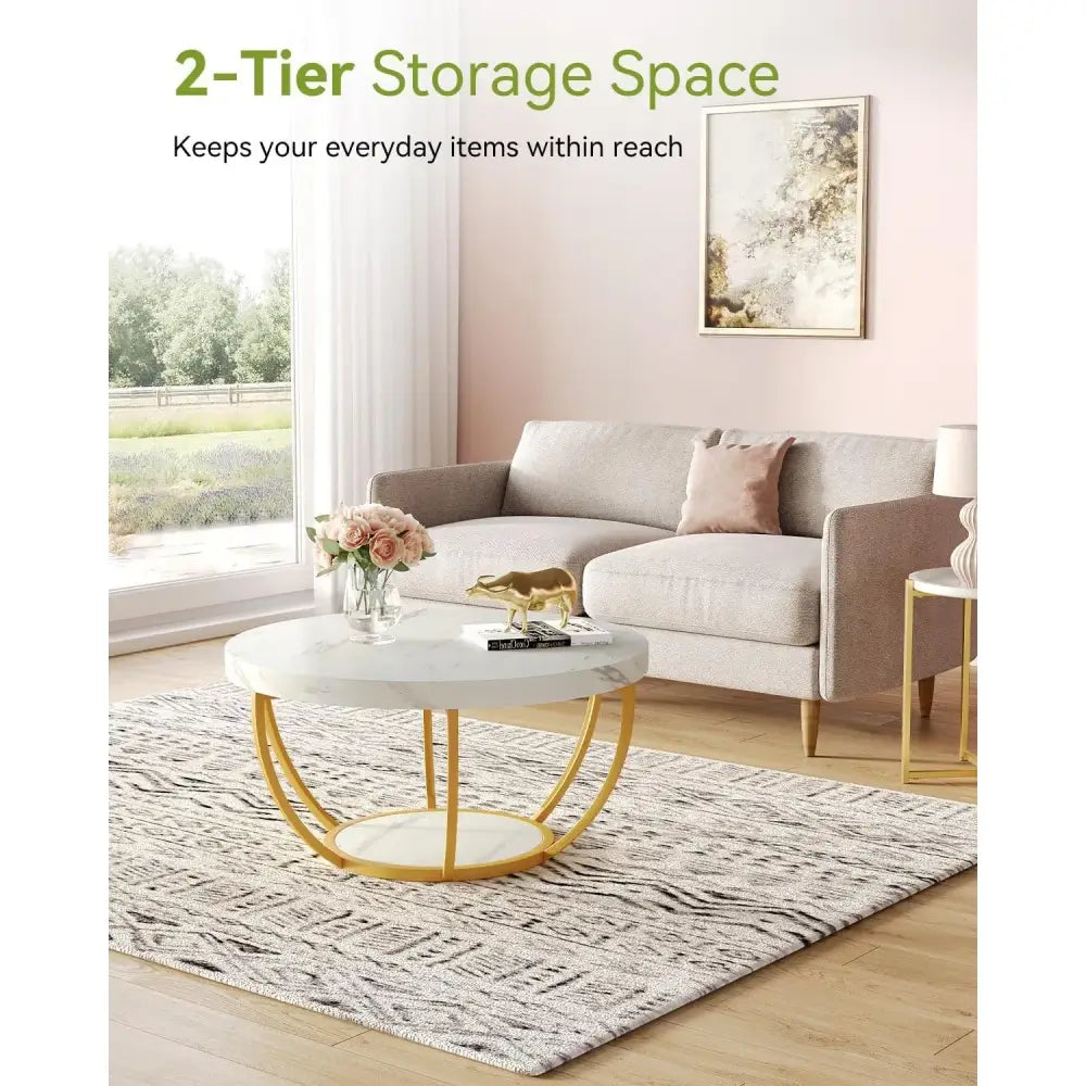 White marble 2-tier modern accent coffee table with gold legs