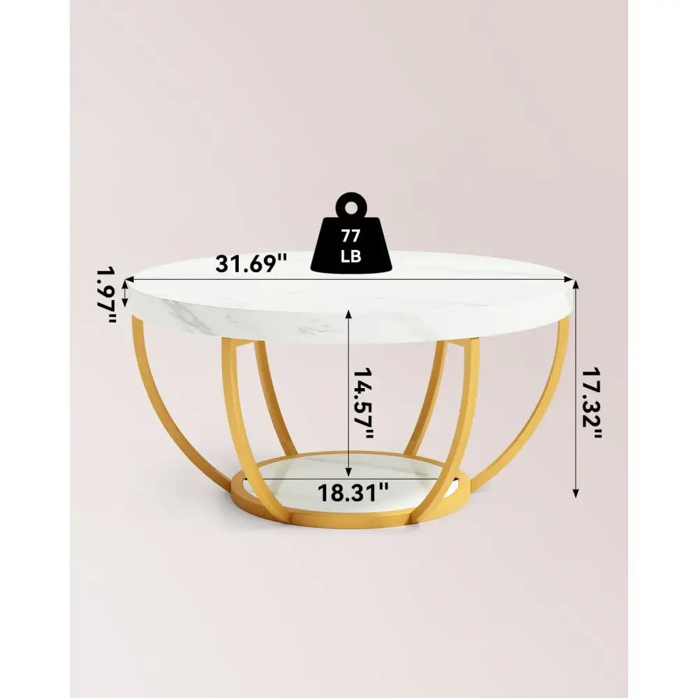 Modern accent coffee table with white marble top and gold legs